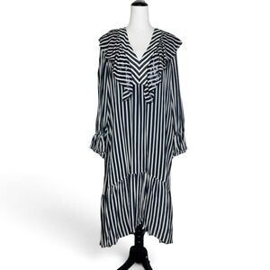 Figue Carla Silk Stripe Sequin Ruffle Midi Dress XL Navy White Tiered Sheer Luxe